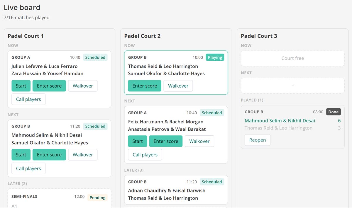 Tournament live board: per court, the match now playing and the next ones, with start, score and walkover buttons.